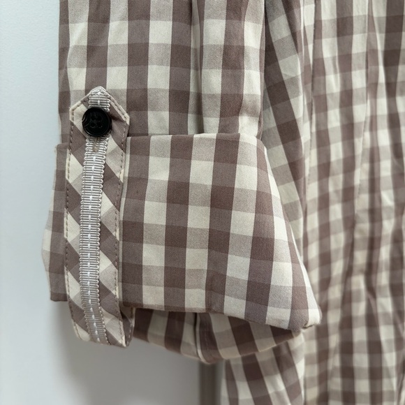 Lafayette 148 Gingham Button Down Blouse size 6 Taupe Cream Roll Tab Long Sleeve - Picture 2 of 12